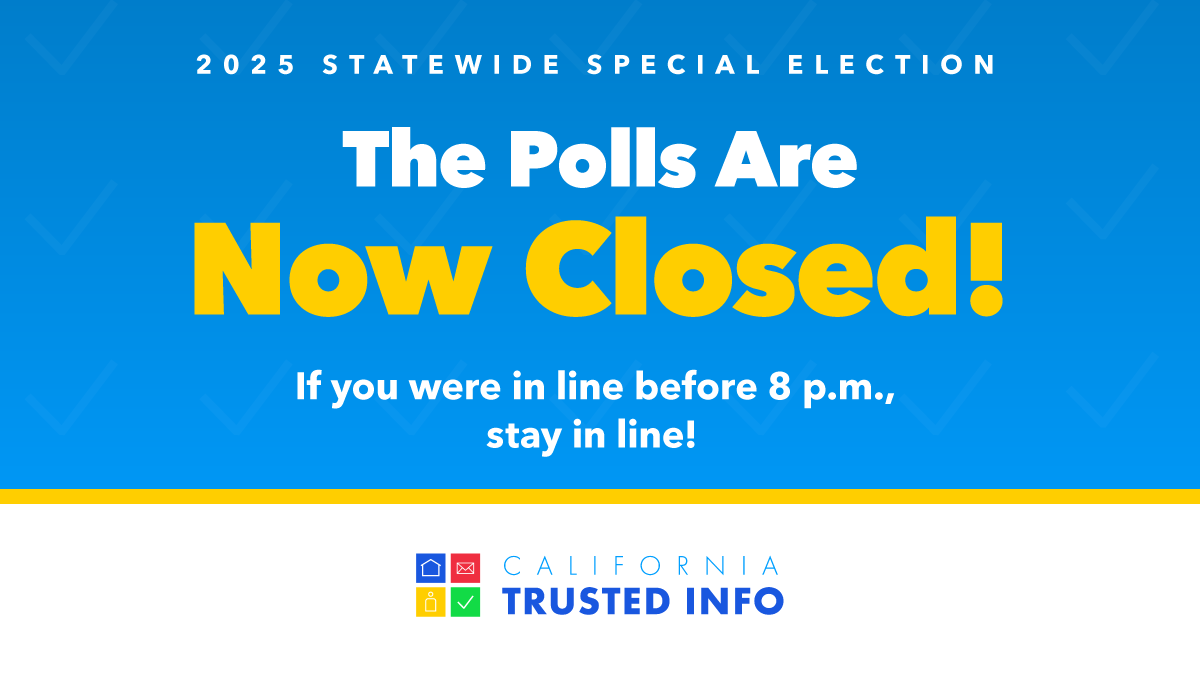 CASOSVote's tweet image. The polls are now CLOSED. If you were in line before 8 p.m., STAY IN LINE. You still have the right to cast your ballot. Once every polling place is closed, you can view the live tally of election results at ElectionResults.sos.ca.gov.