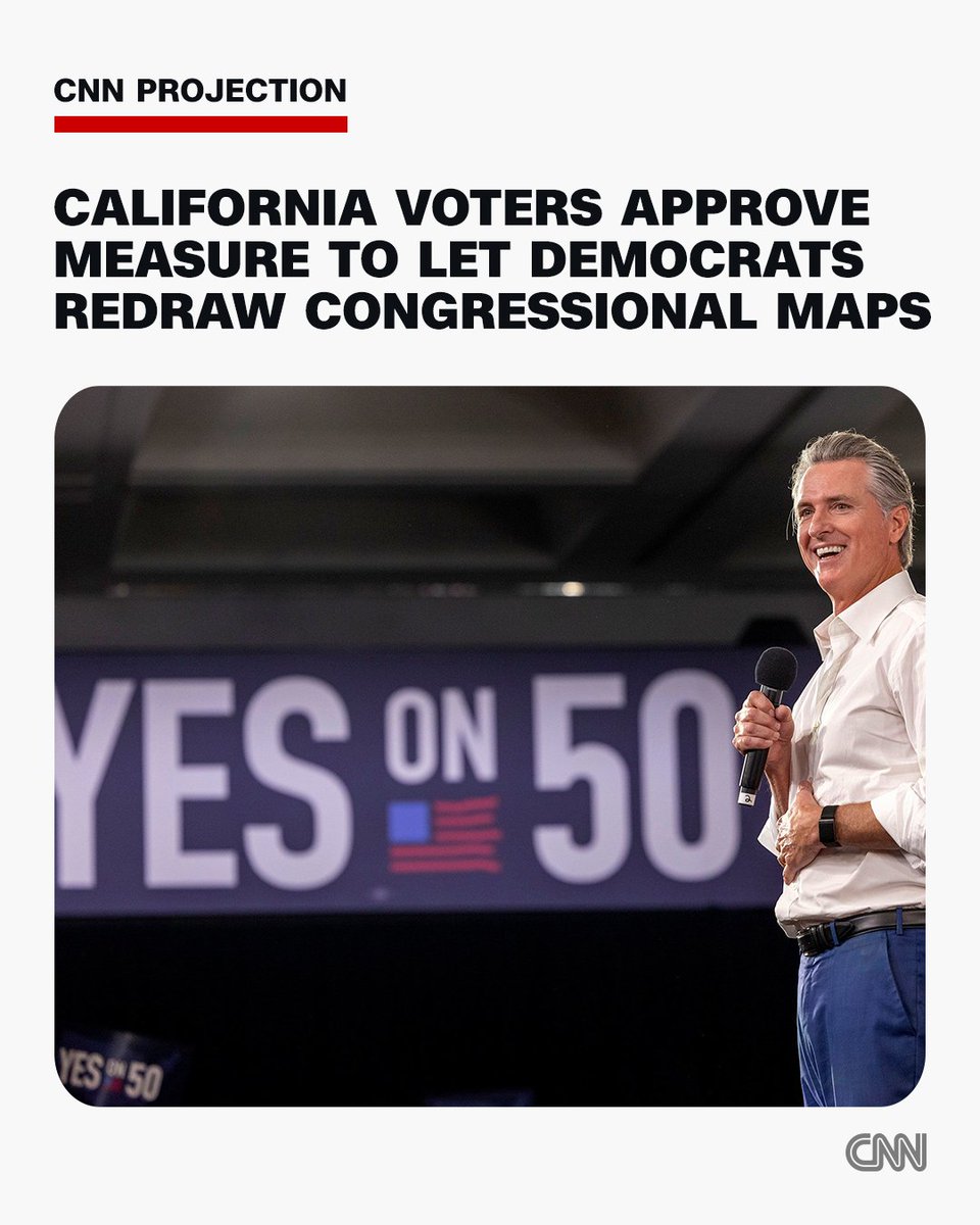 California voters approve a measure to allow Democrats to redraw the state's congressional maps and potentially flip as many as five GOP-held House seats, CNN projects. Follow live updates. cnn.it/4nFHH0X