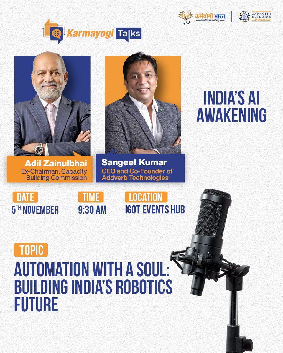 CBC_MK's tweet image. 【🔴 LIVE NOW】

Join 46th Ep of #KarmayogiTalks with Sangeet Kumar, CEO &amp;amp; Co-Founder of @Addverb_Tech, in convo with @AdilZainulbhai, Ex-Chairman, CBC, on ‘Automation with a Soul: Building India’s Robotics Future’.

Watch here: portal.igotkarmayogi.gov.in/app/event-hub/…

JOIN NOW!