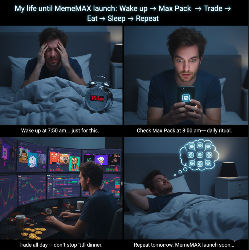 NFThodlnsell's tweet photo. My daily routine before MemeMAX launches:
Wake up at 7:50, check my Max Pack at 8, trade until dinner… then do it all again. #looplife #MemeMAX
@MemeX_MRC20 @MemeMax_Fi https://t.co/iTKUBGOsZi