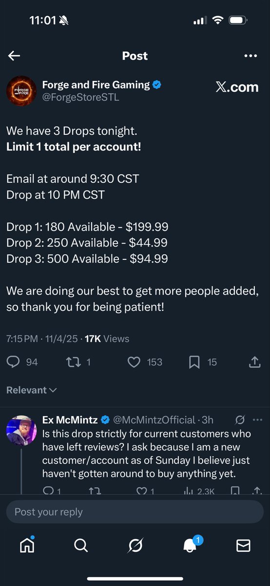 MichaelLaber2's tweet photo. @PokemonDealsTCG @_MOwithanE @ForgeStoreSTL @pokepokenyc Previous post about the drop said limit 1 total per account clearly though. https://t.co/zsyV45NEWL