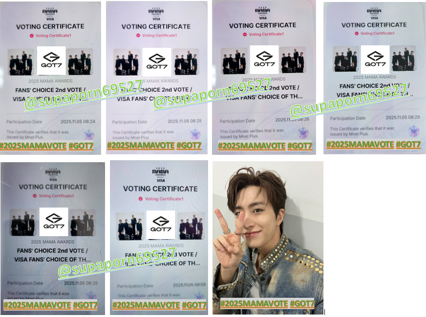 โหวตวันที่ 7 = 5/11/2025  เหลืออีก 5 วัน โหวตทุกวันเพื่อ Got7 หวังว่าพวกเธอจะได้เข้ารอบต่อไป ✌️ ลุ้นๆ เข้ารอบทั้ง 2 รางวัล   💌Fans’Choice Male        
💌Visa Fans’Choice of The Year       
เกณฑ์การนับคะแนน     
✅โหวตแอพ mnet plus =90% 
✅รี/โพสต์ x =10%  
#2025MAMAVOTE #GOT7
