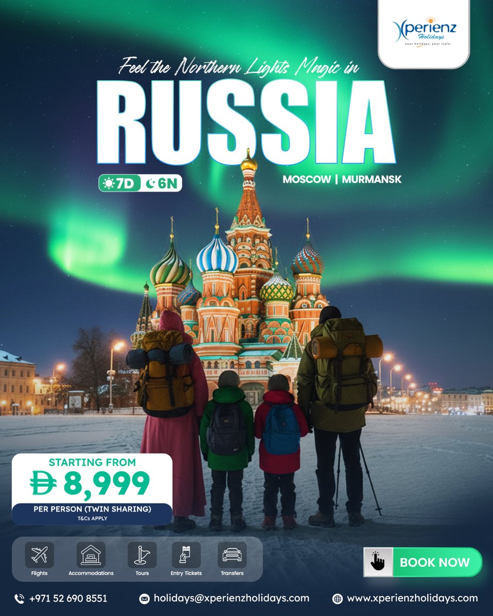 XperienzHoliday's tweet photo. Step into Moscow’s iconic landmarks and discover the magic, charm, and beauty of Russia.

7D | 6N, starting from AED 8,999 per person (Twin Sharing).

Book now at https://t.co/3cfjaGWJNB!

#RussiaTour #NorthernLights #XperienzHolidays  #VisitMoscow #TravelWithXperienz https://t.co/VkvSxLgAe7