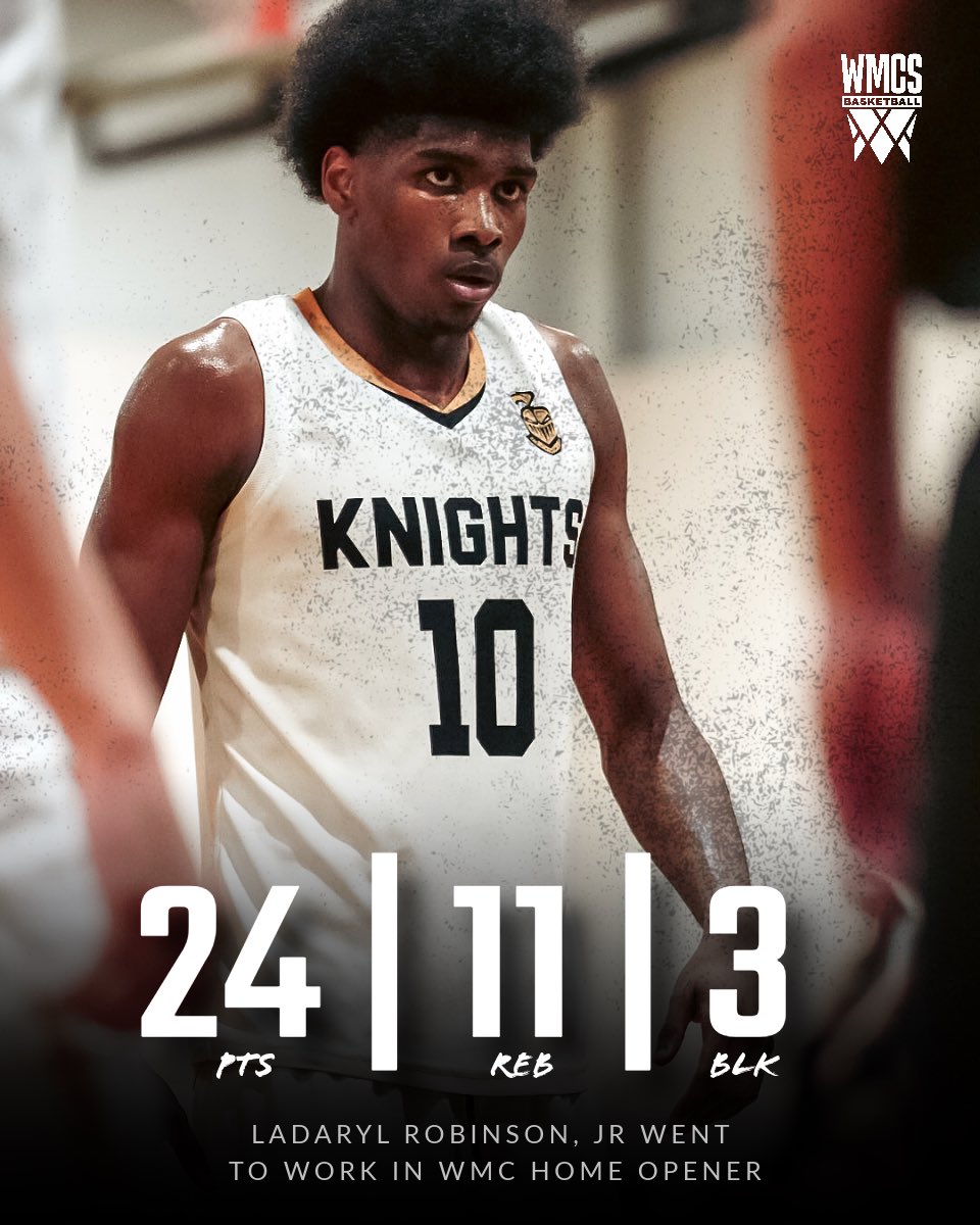 wmcs_hoops's tweet image. The 6’7” Senior Wing/Forward had his coming out party in the WMC home opener! 

From dunks, to 3’s, to free throws, he scored in a variety of ways! Controlled the boards, and protected the rim. 

Robinson led the charge as the Knights erased a 25pt deficit to pull away in OT.