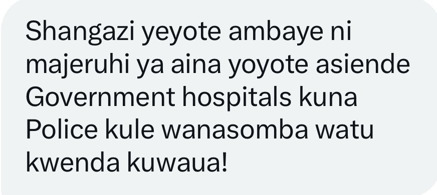 ‼️MSIENDE HOSPITALI ZA SERIKALI ‼️
Bado wanapita kuwakusanya na kuwaua majeruhi
Jamani tusipoamka kwenda kukomboa wapendwa wetu wataua wengi zaidi
The police and security forces are taking patients from hospital and killing them and burying them! 
#SaveTanzania #TanzaniaMassacre