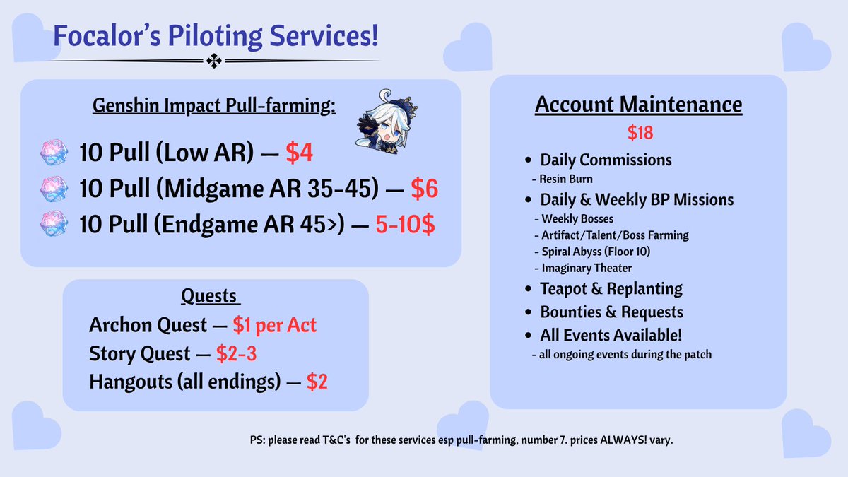 apollo11lines's tweet photo. no time for your favorite game, but still want to progress? ur in luck!

focalors services is here to cover all your genshin &amp; hsr piloting needs! below are the prices for the following (hsr in threads)

for more info/price: https://t.co/XyYa8GSODJ

T&amp;C'S Apply.
dc: apo11oeleven https://t.co/TQm2VYJ3PD