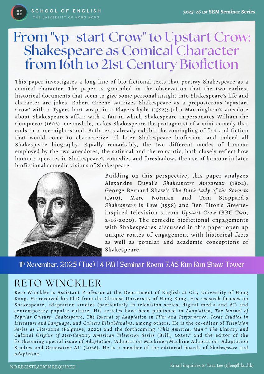 Seminar Series, 2025-26 First Semester
Reto Winckler, Assistant Professor, CityUHK
From "vp=start Crow" to Upstart Crow: Shakespeare as Comical Character from 16th to 21st Century Biofiction
Nov. 11, 2025, 4pm (TUE)
Rm 7.45, 7/F, Run Run Shaw Tower, Centennial Campus, HKU