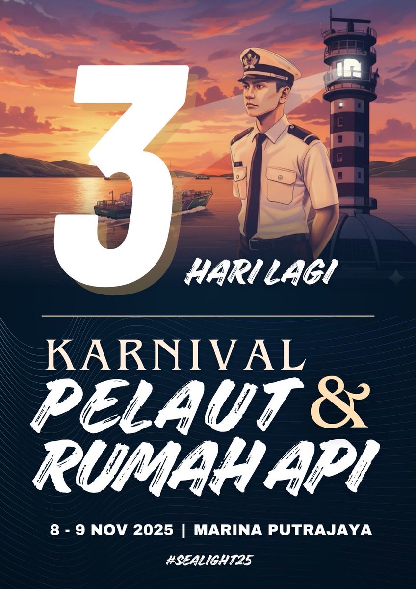 3 hari lagi sebelum karnival maritim paling epik tahun ni! Karnival Pelaut &amp; Rumah Api 2025 @ Marina Putrajaya - jangan cakap kami tak ajak!

#SeaLight25 #KarnivalPelaut #JabatanLautMalaysia #MaritimeSpirit #FYP