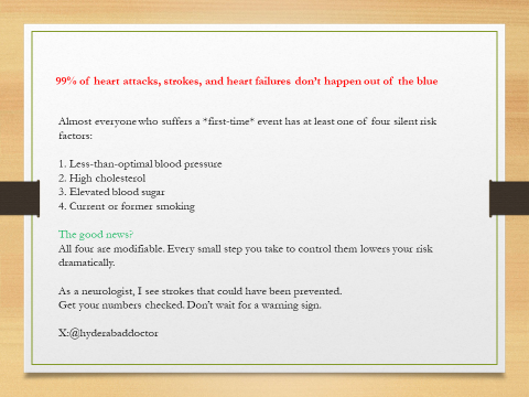 hyderabaddoctor's tweet photo. 99% of heart attacks, strokes, and heart failures don’t happen out of the blue.

▶️Almost everyone who suffers a first-time event has at least one of four silent risk factors:
1. Less-than-optimal blood pressure
2. High cholesterol
3. Elevated blood sugar
4. Current or former smoking

The good news?
✅All four are modifiable.
Every small step you take to control them lowers your risk dramatically.

▶️As a neurologist, I see strokes that could have been prevented.
Get your numbers checked. Don’t wait for a warning sign.

Dr Sudhir Kumar MD DM