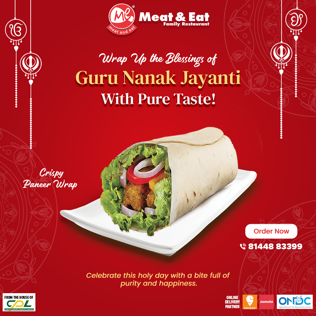 Celebrate this holy day with a bite full of purity and happiness.
#GuruNanakJayanti #MeatAndEat #CrispyPaneerWrap #FestiveFlavours #PureTaste #PaneerPerfection #WholesomeBites #CelebrateWithFlavor #DivineDelight #FestiveEats