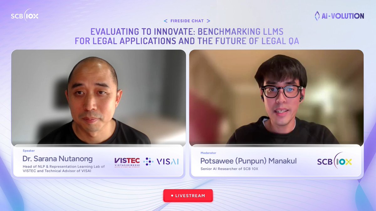 SCB10X_OFFICIAL's tweet image. Key Highlights #AIVOLUTION

Session: Evaluating to Innovate: Benchmarking LLMs for Legal Applications and the Future of Legal QA
Dr. Sarana Nutanong of VISTEC &amp;amp; VISAI &amp;amp; Potsawee (Punpun) Manakul of @SCB10X_OFFICIAL

See thread👇