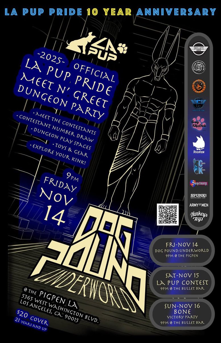 LAPupPride's tweet image. Let’s talk about this opening party at Pig Pen Los Angeles. Meet the contestants of LA Pup, meat other Dom, subs, pups and more… and be your authentic slutty self on Friday Nov 14, tix at losangelespuppride.com #lapuppride2025