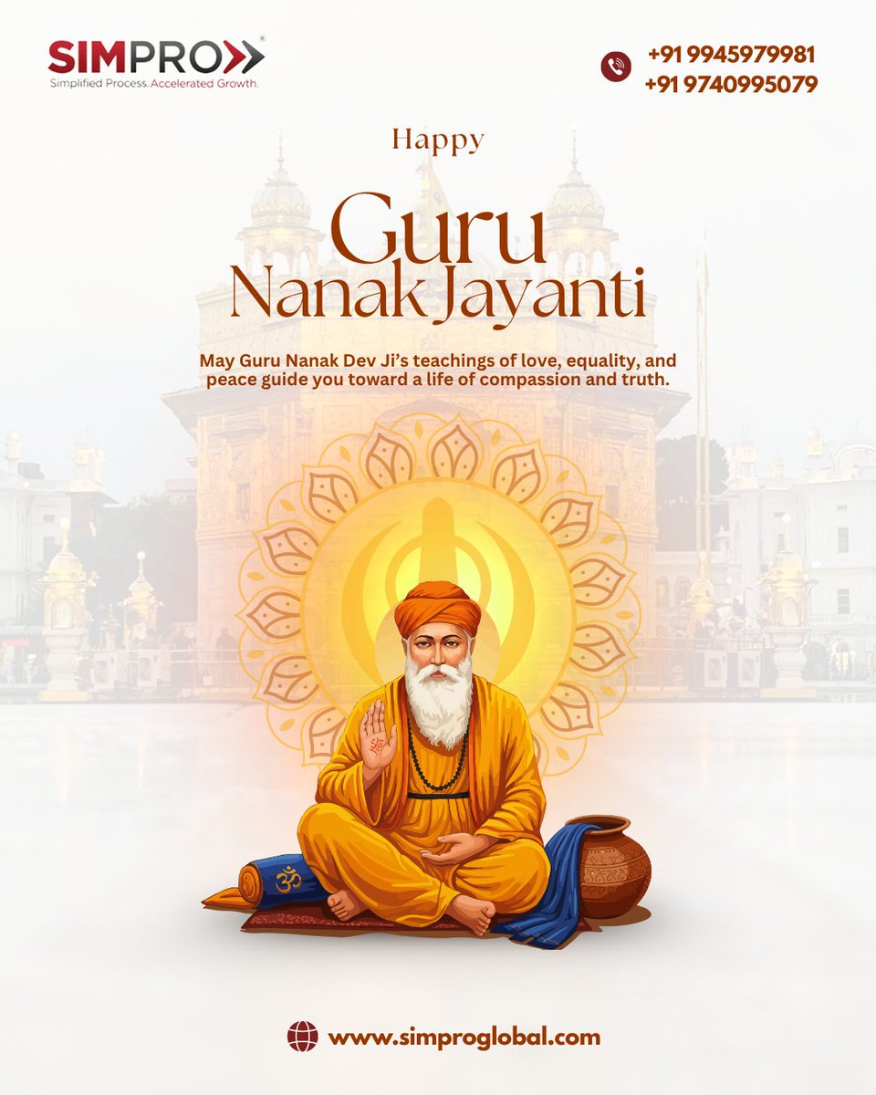 Simproglobal's tweet image. Honoring Guru Nanak Dev Ji’s teachings of truth, compassion &amp;amp; equality on Guru Nanak Jayanti.
May we continue to uplift each other with kindness &amp;amp; humility.
More about SIMPRO: simproglobal.com

#GuruNanakJayanti #SIMPRO #Compassion #Equality #Inspiration