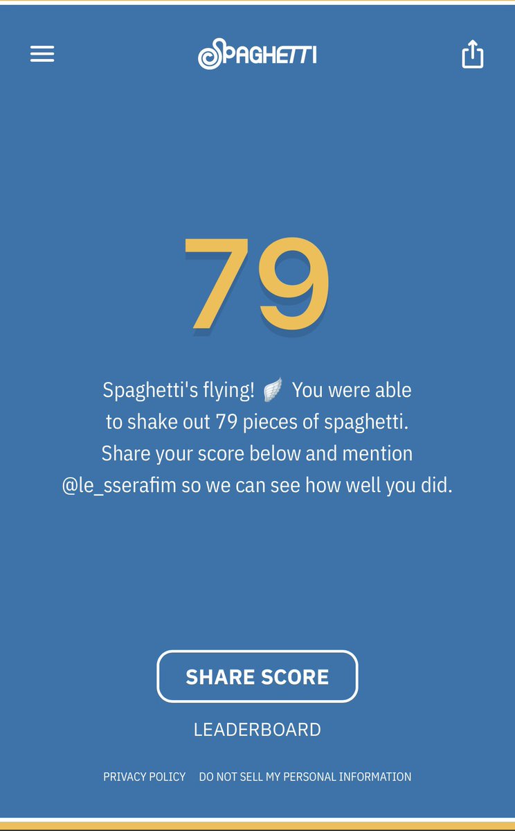 CadashEffect027's tweet image. ⭐⭐⭐⭐ 🍝 79 noodles
Spaghetti&apos;s flying! 🪽
spaghettigame.com
#LE_SSERAFIM #spaghettigame
