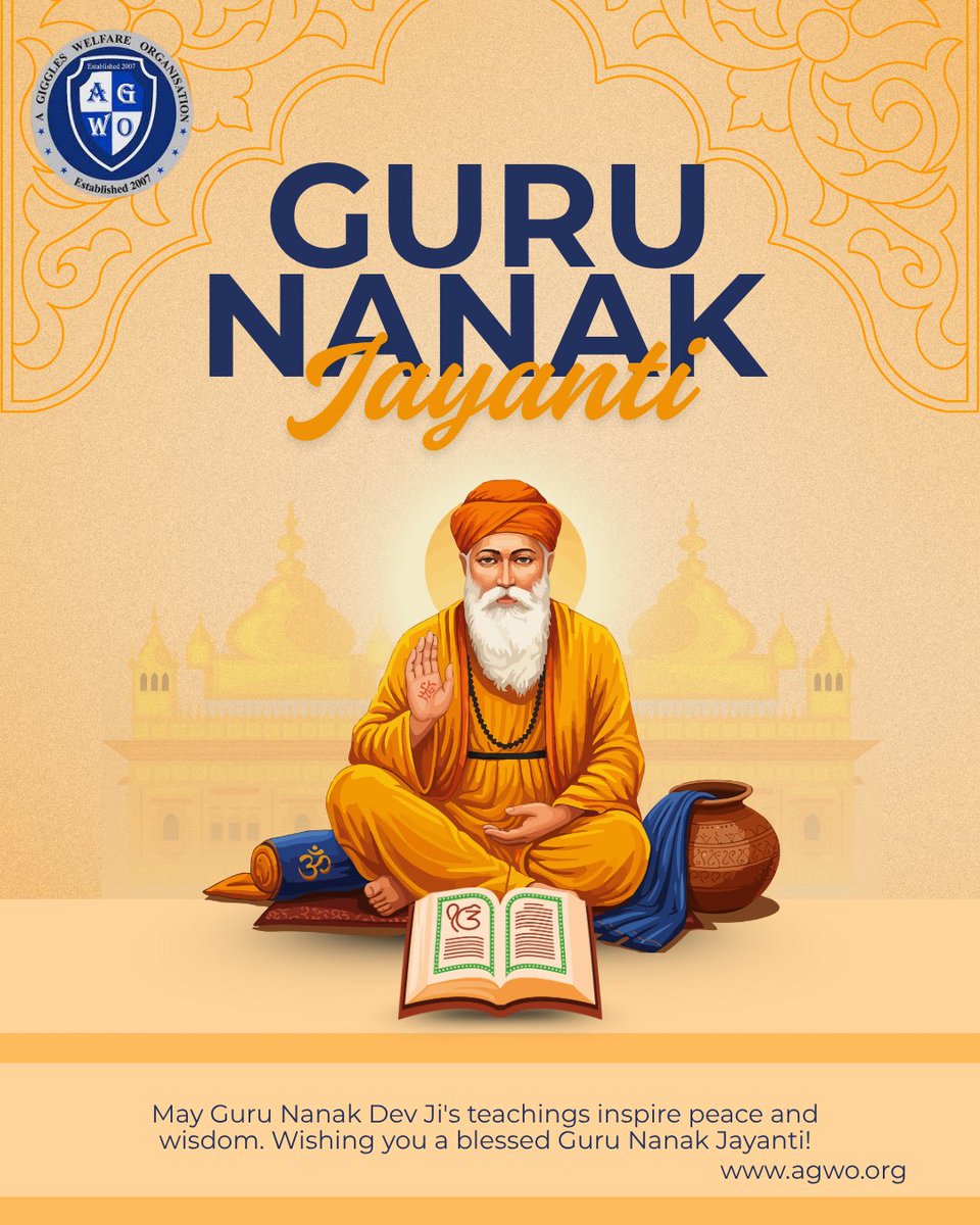 agwo_org's tweet image. On this holy day of Guru Nanak Jayanti, let us follow the path of truth, service, and humility shown by Guru Nanak Dev Ji.
May his teachings inspire us to spread light, compassion, and equality in every corner of the world. 💫

#GuruNanakJayanti #AGWO #PeaceAndKindness #GoodDeeds