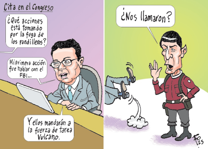 Left panel depicts a man in a suit and glasses seated at a desk with a laptop, gesturing with hand while speaking into a microphone, text bubbles reading Que acciones esta tomando por la toma de las pandillas and Mi primer accion el FB, background includes a green wall and floor. Right panel shows a man in a red uniform and backpack falling backward with legs up, hand raised in Vulcan salute, text bubbles reading Y el mandar a fuerza de tarea and Nos llamaron, small cloud effect near feet, signed Fo25 at bottom.