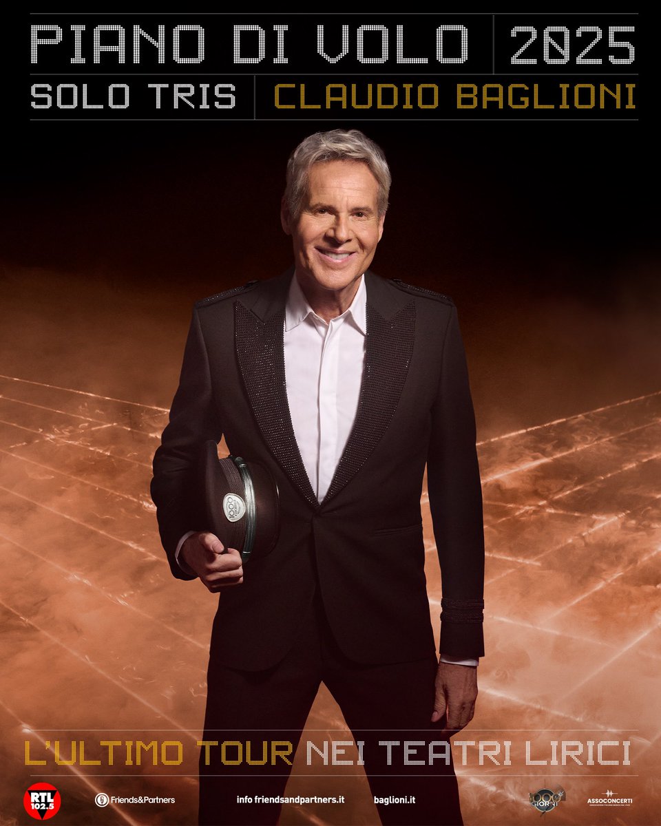 ClaudioBaglioni's tweet image. Claudio Baglioni decolla il 27 ottobre 2025 dal Teatro dell’Opera di Roma con l’ultima parte di #PIANODIVOLOSOLOtris 
120 concerti in 48 teatri fino al 29 dicembre a Bari.
#ClaudioBaglioni #SOLOtris