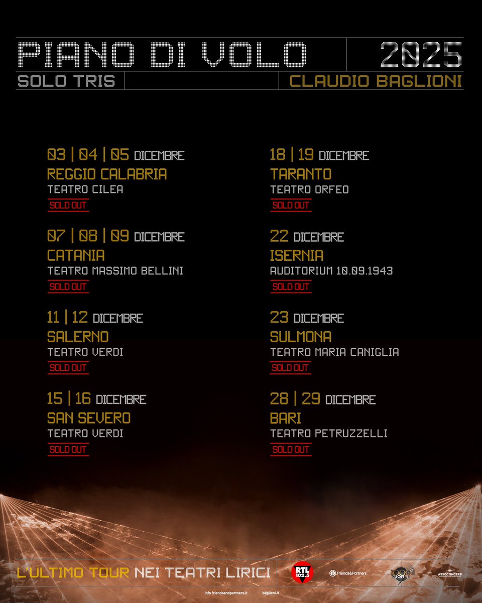 ClaudioBaglioni's tweet image. Claudio Baglioni decolla il 27 ottobre 2025 dal Teatro dell’Opera di Roma con l’ultima parte di #PIANODIVOLOSOLOtris 
120 concerti in 48 teatri fino al 29 dicembre a Bari.
#ClaudioBaglioni #SOLOtris