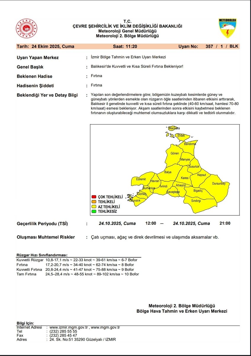 📣📣Meteorolojik Uyarı
İlimiz genelinde *bugün öğle saatlerinden itibaren* beklenen, kuvvetli ve kısa süreli *fırtınaya* ilişkin yayımlanmış olan meteorolojik uyarıdır. *(Geçerlilik Periyodu: 24/10/2025  12.00 -24/10/2025 21.00 TSİ)*