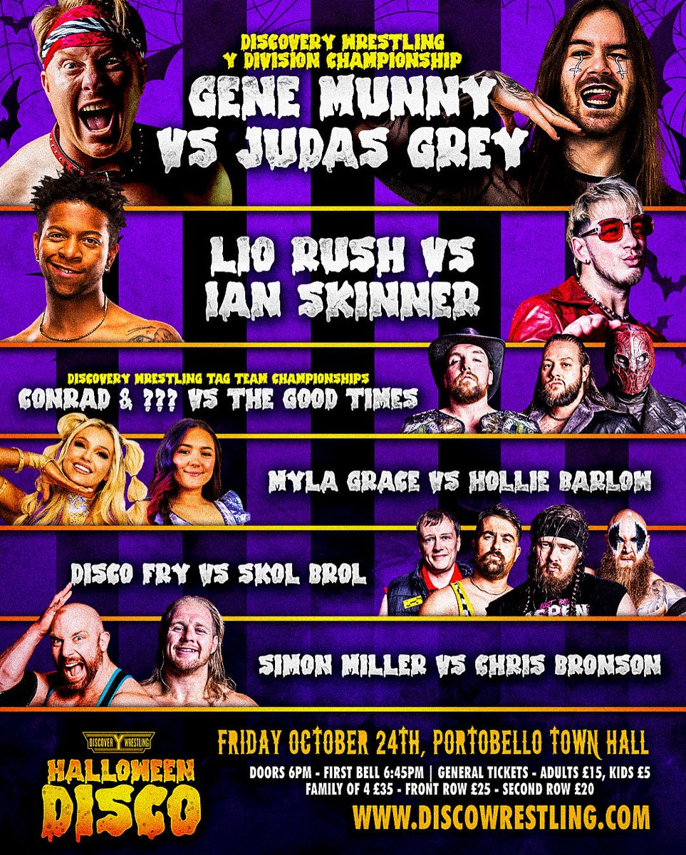 DiscoWrestling's tweet image. We have six HUGE matches confirmed for tonight’s must see Halloween Disco show with more surprises still to come! 🔥🎃

🎟️ Limited tickets still available, link in tweet below 👇🏻