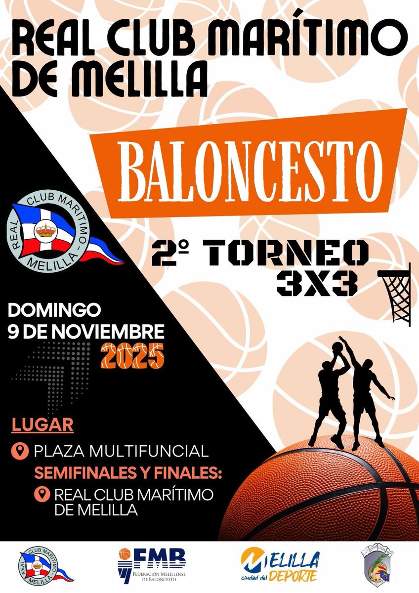 FMBMELILLA's tweet photo. #EventosFMB | ¡¡II Torneo 3x3 Real Club Marítimo de Melilla!!
📅 09.11.2025
🏀 Todas las categorías FMB 25/26
📍 Plaza Mult. San Lorenzo y RC Marítimo
✍🏻 Inscripciones en plataforma FMB
🤝 @maritimomelilla, @melilla_deporte y @FMBMELILLA
Más info👇👇
https://t.co/hrXQKxLEWa https://t.co/v12VvY1Sh7
