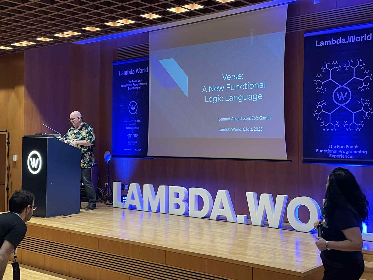 Lambda_World's tweet image. Round 3 parallel talk at @Lambda_World is
Lennart Augustsson presenting
Verse - A New Functional Logic Language
#Conference #lambdaworld #functional_programming #Verse