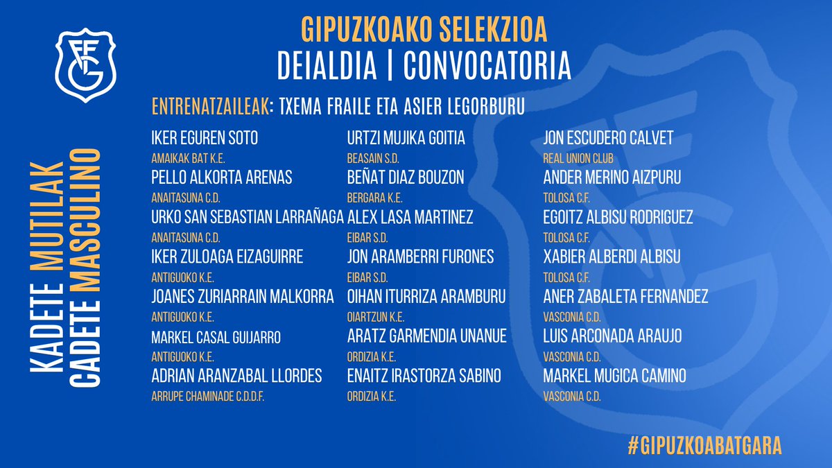 gipuzkoafutbola's tweet image. 🔵⚪️ 𝐊𝐀𝐃𝐄𝐓𝐄 𝐌𝐔𝐓𝐈𝐋𝐄𝐍 𝐆𝐈𝐏𝐔𝐙𝐊𝐎𝐀𝐊𝐎 𝐒𝐄𝐋𝐄𝐊𝐙𝐈𝐎𝐀    

Hona hemen Txema Fraile eta Asier Legorburu hautatzaileek deitu dituzten jokalariak.    

🔗 short.do/lJ40ZN

#GipuzkoaBatGara