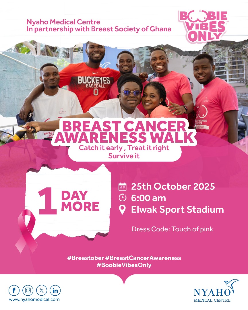 🎀 1 Day More!
Let’s Walk for a Cause — with #BoobieVibesOnly! 💕
The Breast Cancer Awareness Walk in partnership with the Breast Society of Ghana is happebing tommorrow.

📍 Elwak Sports Stadium | 🕕 6:00 am | 👚 Dress Code: A touch of pink.
#BreastCancerAwareness #BSoG #Nyaho