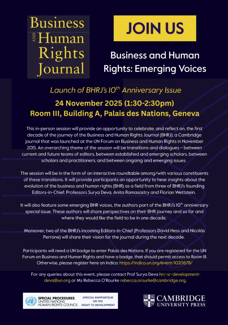 BHRJournal's tweet image. The Business and Human Rights Journal will be turning 10 next month. BHRJ was launched in November 2015 at the UN Forum in Geneva! If you plan to be in Geneva for UN Forum, please join this &quot;in-person&quot; session on Monday, 24 Nov (1:30-2:30pm) in Room III, Palais des Nations.
1/2