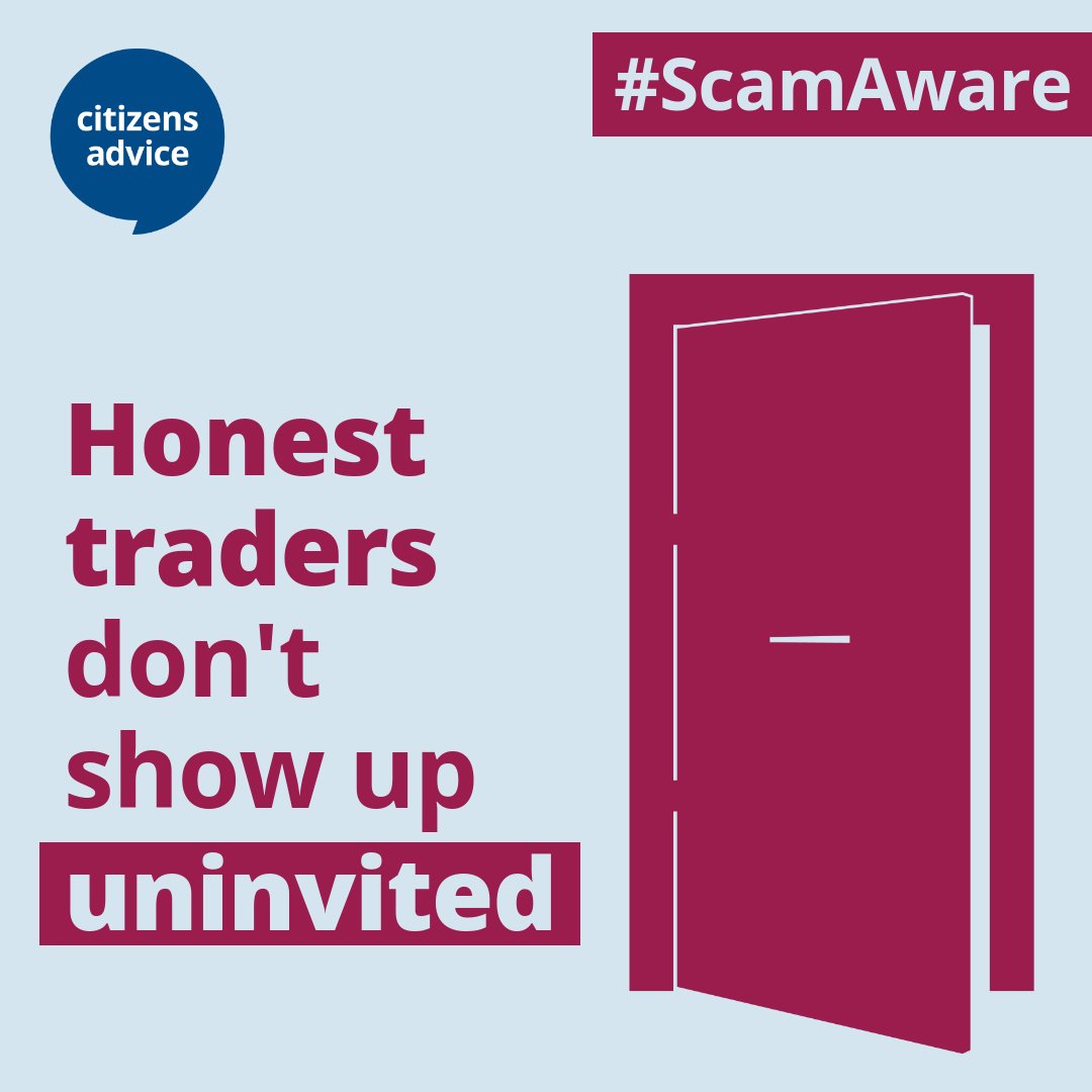 A trader at your door claiming urgent repairs needed?

Be wary, it could be a scam if they:

❌ Rush you for a quick decision
❌ Won't give a written quote
❌ Ask for cash up front

Learn how to protect yourself ⤵️
bit.ly/42KC1uU
#ScamAware