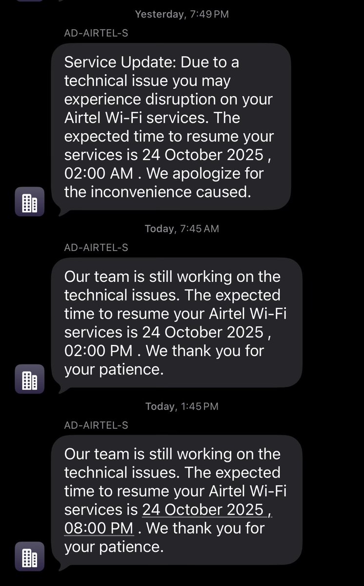 _i_m_srj's tweet photo. @airtelindia @Airtel_Presence calls itself “India’s fastest network.”
Fastest at what? Sending excuses? #clown

If @TRAI doesn’t fine them for this blackout, what’s even the point of “regulation”?

Refunds. Penalties. Accountability. Start with Airtel. #AirtelDown #AirtelFail https://t.co/C4sY1O9OBh