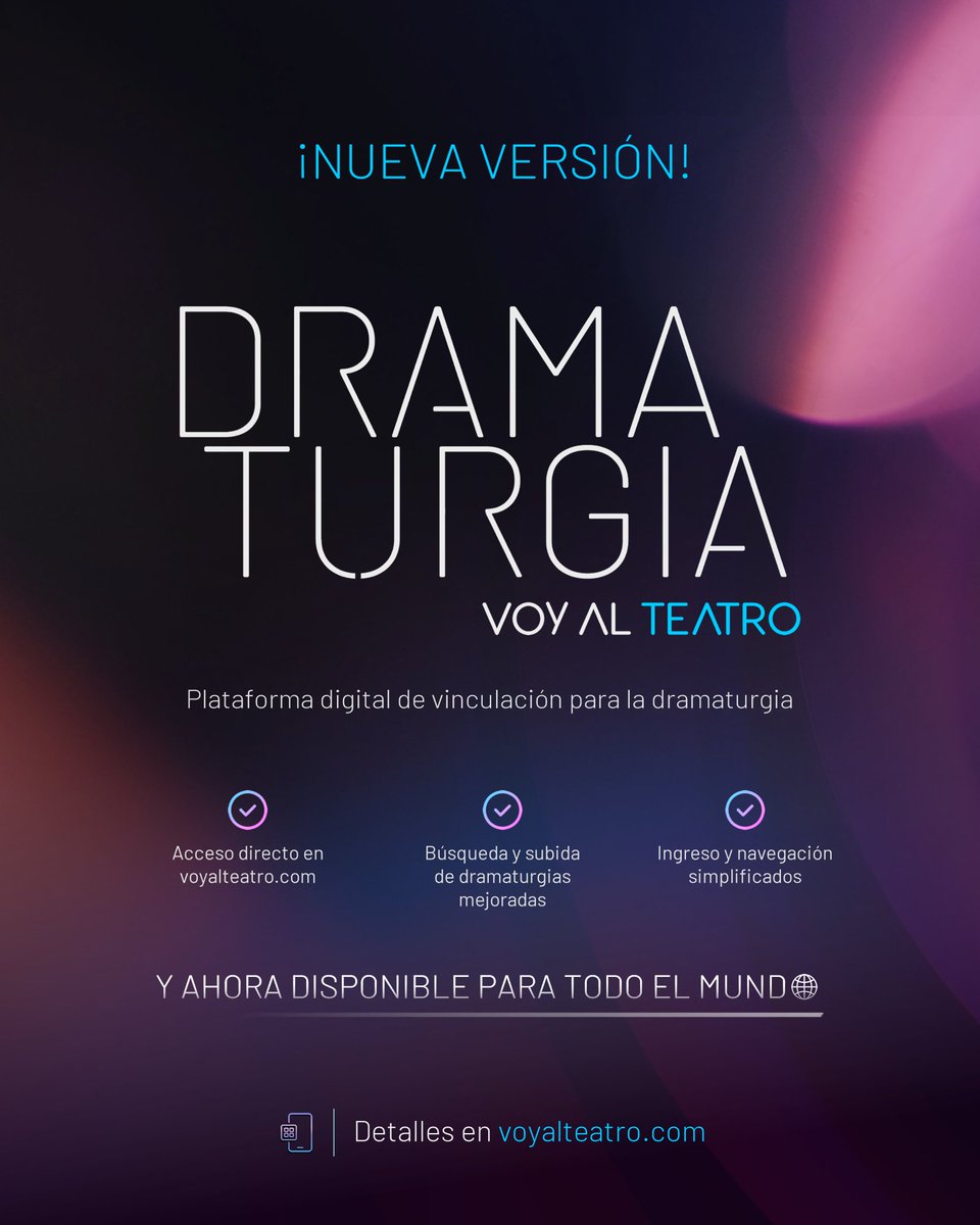 ¡Nos enorgullece informarles que nuestra plataforma de dramaturgia ha sido renovada! ✍️ 🎭

Simplificamos y mejoramos este espacio destinado a la consulta y descarga de obras. ✨  ¡Y ahora se podrán sumar autores y lectores de todo el mundo! 🌎 Conoce más en