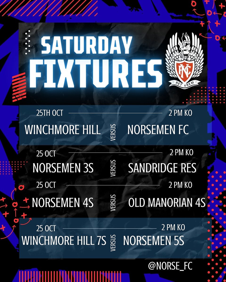 Saturday 25th October Fixtures 

1️⃣st vs Winchmore Hill (A) AFA Cup 🏆

2️⃣nd - No Game 

3️⃣rd vs Sandridge Rovers Res (H) 

4️⃣th vs Old Manorian 4s (H) 

5️⃣th vs Winchmore Hill 7s (A) SAL Cup 🏆

6️⃣th - No Game

Please come down and support the lads 🙌🏻

#COYN 🔵🔴