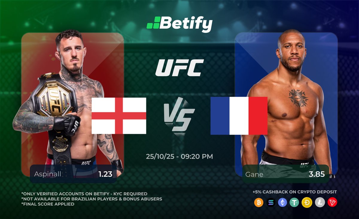 UFC 321 🚨
Aspinall - Gane 🥊

Who’s your pick? 🔥

👉 Like 💚 + RT ♻️
👉 Tag 1 friend
For a chance to have a 🎁

Bet now on betify.bio