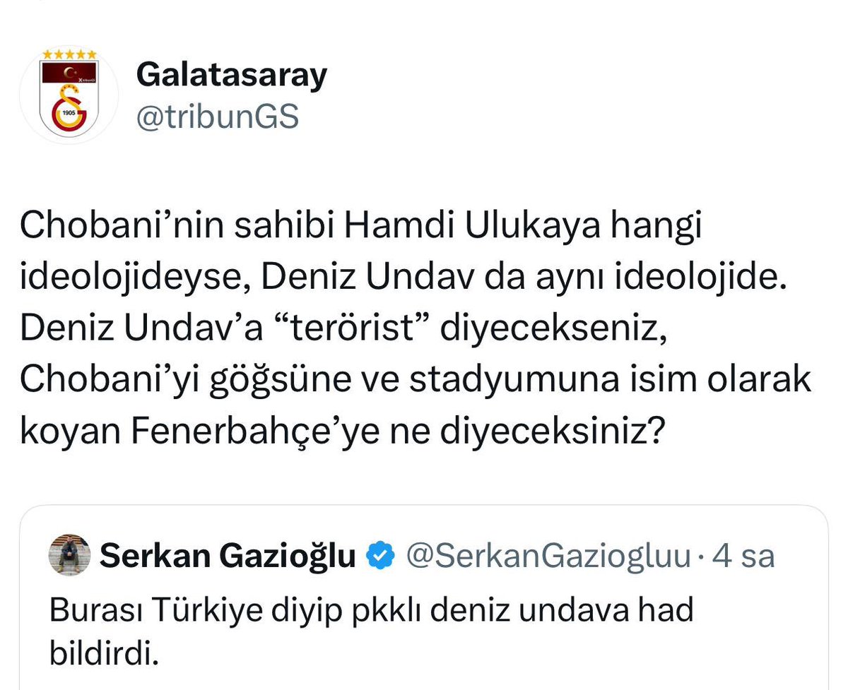 Galatasaraylı bir taraftar, Fenerbahçeli taraftarların Deniz Undav’a yönelik “terörist” ithamlarına sosyal medya üzerinden tepki gösterdi.

TribunGS: “Chobani’nin sahibi Hamdi Ulukaya hangi ideolojideyse, Deniz Undav da aynı ideolojide. Deniz Undav’a ‘terörist’ diyecekseniz,