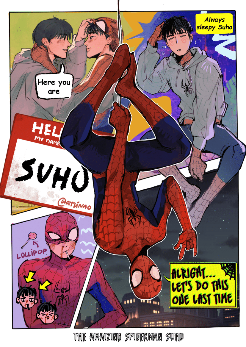 ayzinao's tweet photo. spidey suho is here!!! #suho #shse #weakheroween https://t.co/JFJLjXv5rN
