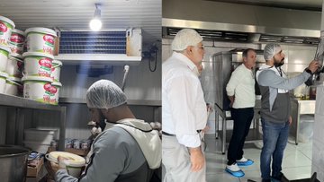 First image shows two educational posters one titled Yeterli ve Dengeli Beslenme with illustrations of milk cheese bread fruits vegetables and grains emphasizing adequate balanced nutrition in child development the other titled Yiyecekleri Okuldan Alıyorum Sağlıklı Besleniyorum with a pyramid of food groups including grains vegetables fruits proteins dairy and fats plus text on balanced plate composition. Second image depicts stacked yogurt containers on shelves in a storage area with a light bulb overhead and three individuals wearing hairnets and uniforms one holding a bowl of food in a kitchen with stainless steel counters refrigerator and ventilation. Third image shows a person holding a package of cereal labeled with red branding another wearing a hairnet examining items near a freezer with stacked boxes and three men in uniforms one with glasses inspecting inside an old-fashioned refrigerator. Fourth image illustrates people in hairnets and uniforms handling food in a serving area one scooping from a large pot of white substance another placing items on trays with stainless steel surfaces baskets of green grapes trays of prepared food like rice and vegetables behind a serving counter.