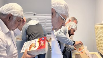 First image shows two educational posters one titled Yeterli ve Dengeli Beslenme with illustrations of milk cheese bread fruits vegetables and grains emphasizing adequate balanced nutrition in child development the other titled Yiyecekleri Okuldan Alıyorum Sağlıklı Besleniyorum with a pyramid of food groups including grains vegetables fruits proteins dairy and fats plus text on balanced plate composition. Second image depicts stacked yogurt containers on shelves in a storage area with a light bulb overhead and three individuals wearing hairnets and uniforms one holding a bowl of food in a kitchen with stainless steel counters refrigerator and ventilation. Third image shows a person holding a package of cereal labeled with red branding another wearing a hairnet examining items near a freezer with stacked boxes and three men in uniforms one with glasses inspecting inside an old-fashioned refrigerator. Fourth image illustrates people in hairnets and uniforms handling food in a serving area one scooping from a large pot of white substance another placing items on trays with stainless steel surfaces baskets of green grapes trays of prepared food like rice and vegetables behind a serving counter.