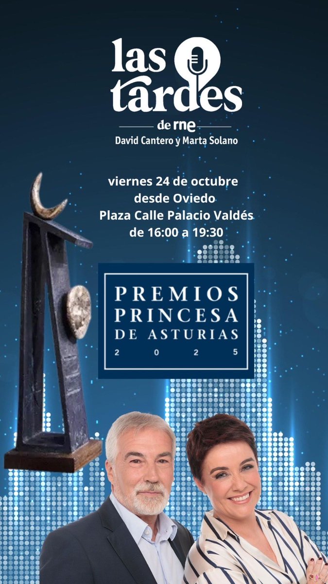 🔴 ¡Está tarde te esperamos en Oviedo!

Programa especial con motivo del acto de entrega de los #PremiosPrincesaDeAsturias

📍En directo desde el camión-estudio de <a href="/rne/">Radio Nacional</a> en la Calle Palacio Valdés desde las 16h y hasta las 19:30h con David Cantero y Marta Solano.