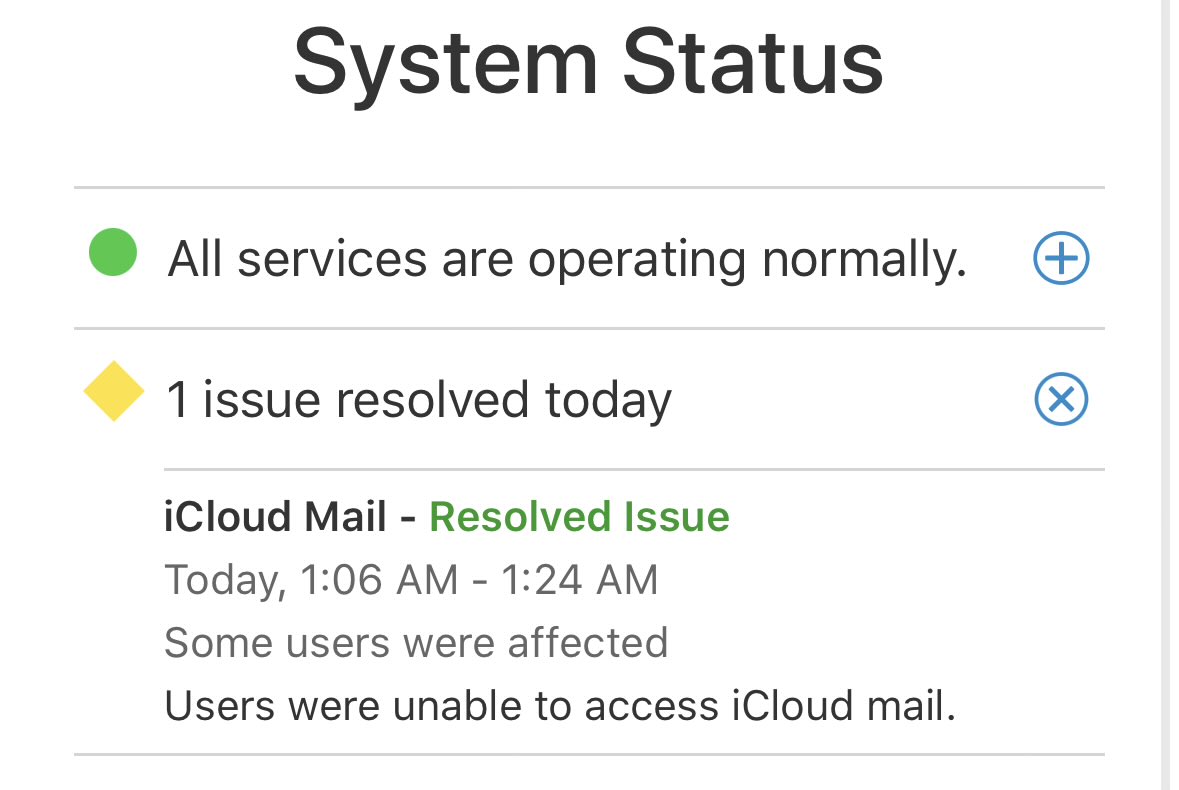 Shekhars_X's tweet image. Apple’s System Status page shows a resolved issue with iCloud Mail earlier today (1:06 AM – 1:24 AM IST). Some users were unable to access their mail during the outage.

All services are now operating normally. 

#Apple #iCloud #SystemStatus #iCloudMail #AppleSupport