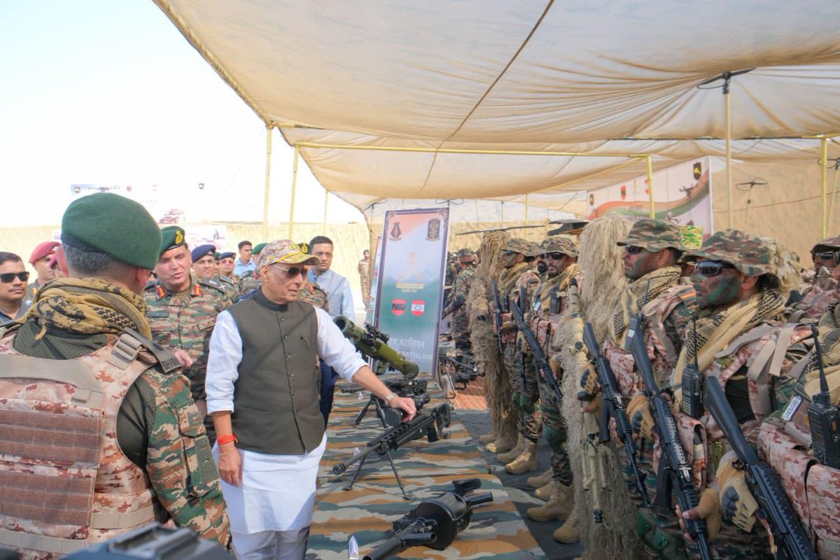 Jaisalmer: Defence minister Rajnath Singh with Bhairav Regiment, the new class of elite, agile special forces units to enhance border security and operational flexibility.