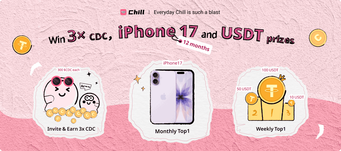 Join Chill App, invite friends &amp; earn 3X CDC! 💰
Climb the leaderboard to win iPhone 17 &amp; USDT prizes — weekly &amp; monthly rewards await 🏆📱
activity.chillchill.life/html/chilldude…