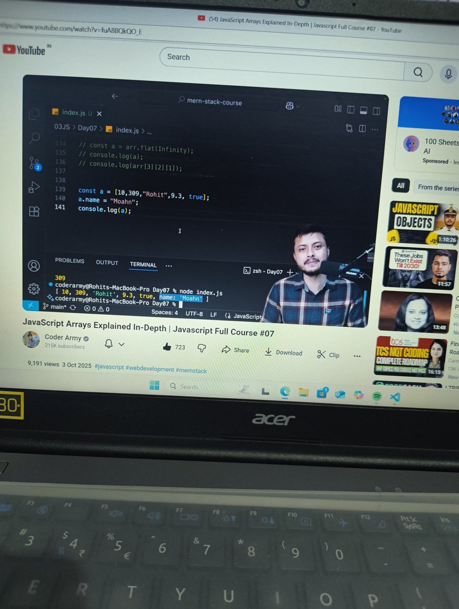 gargdiya367's tweet image. Javascript lecture 7 completed ✅ 
Learnt arrays in detail with deep concepts and understanding array is an object in js.
@rohit_negi9 
@CoderArmy 
#WebDevelopment