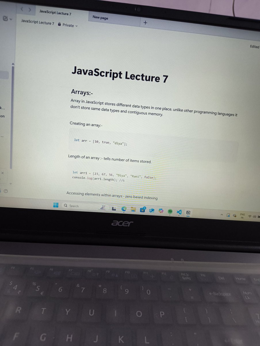 gargdiya367's tweet image. Javascript lecture 7 completed ✅ 
Learnt arrays in detail with deep concepts and understanding array is an object in js.
@rohit_negi9 
@CoderArmy 
#WebDevelopment