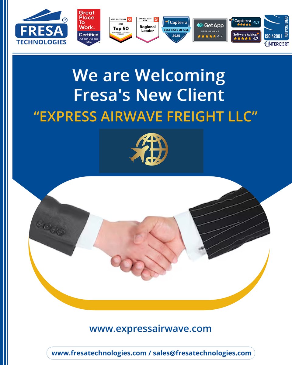 fresatechnology's tweet image. 🎉We are Welcoming Fresa&apos;s New Client🤝🚀
&quot;EXPRESS AIRWAVE FREIGHT LLC&quot;

For more queries please visit below link 👇
fresatechnologies.com/about-us/servi…

🥇Award-Winning Software, Trusted Worldwide – Check Out Our Achievements!🏆
fresatechnologies.com/awards/

#Fresa #Freightsolutions #Newclient