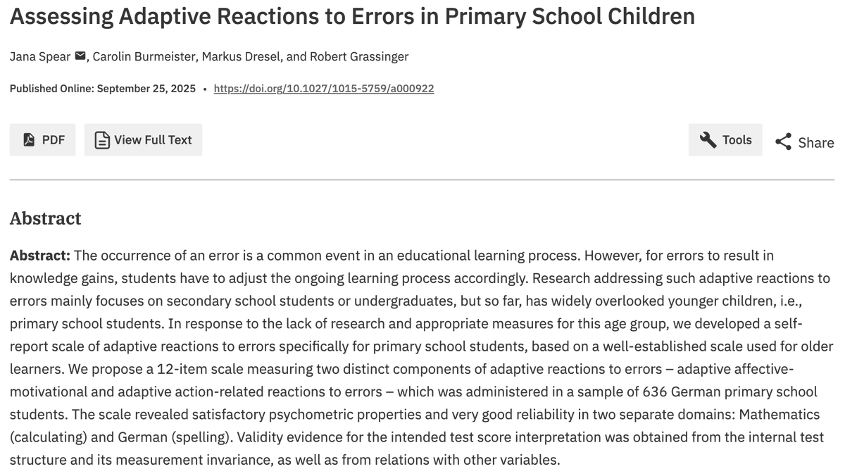 Check out this new self-report scale designed to assess adaptive reactions to errors in primary school students at econtent.hogrefe.com/doi/10.1027/10…