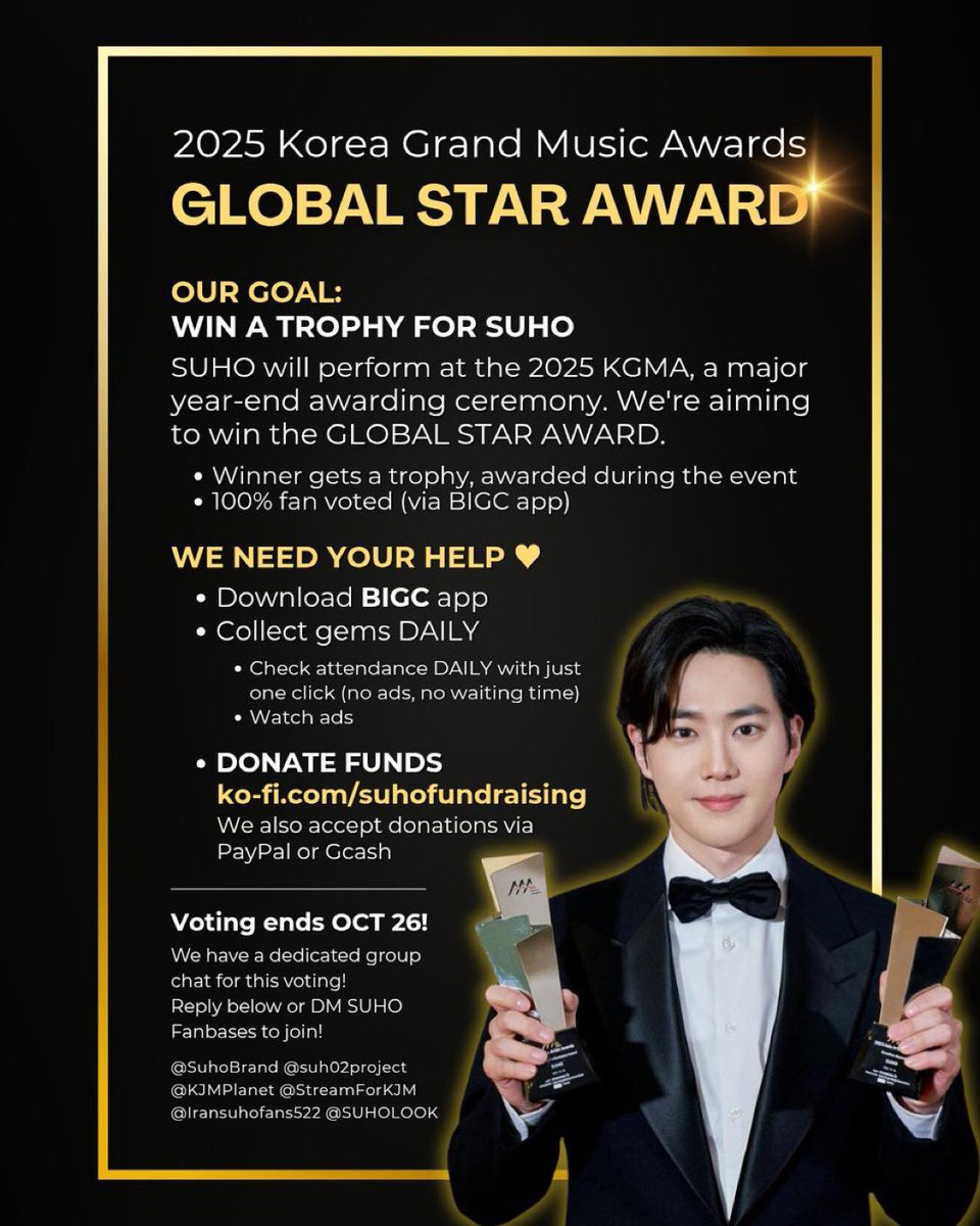 🚨Calling all EXOLS from Asia, Africa, Europe, Oceania, South America, North America. Please help us vote SUHO on BigC app. Install, Collect gems and vote. If you have means, you can also donate monetary on SUHO fanbases, details on the photo. 🚨
