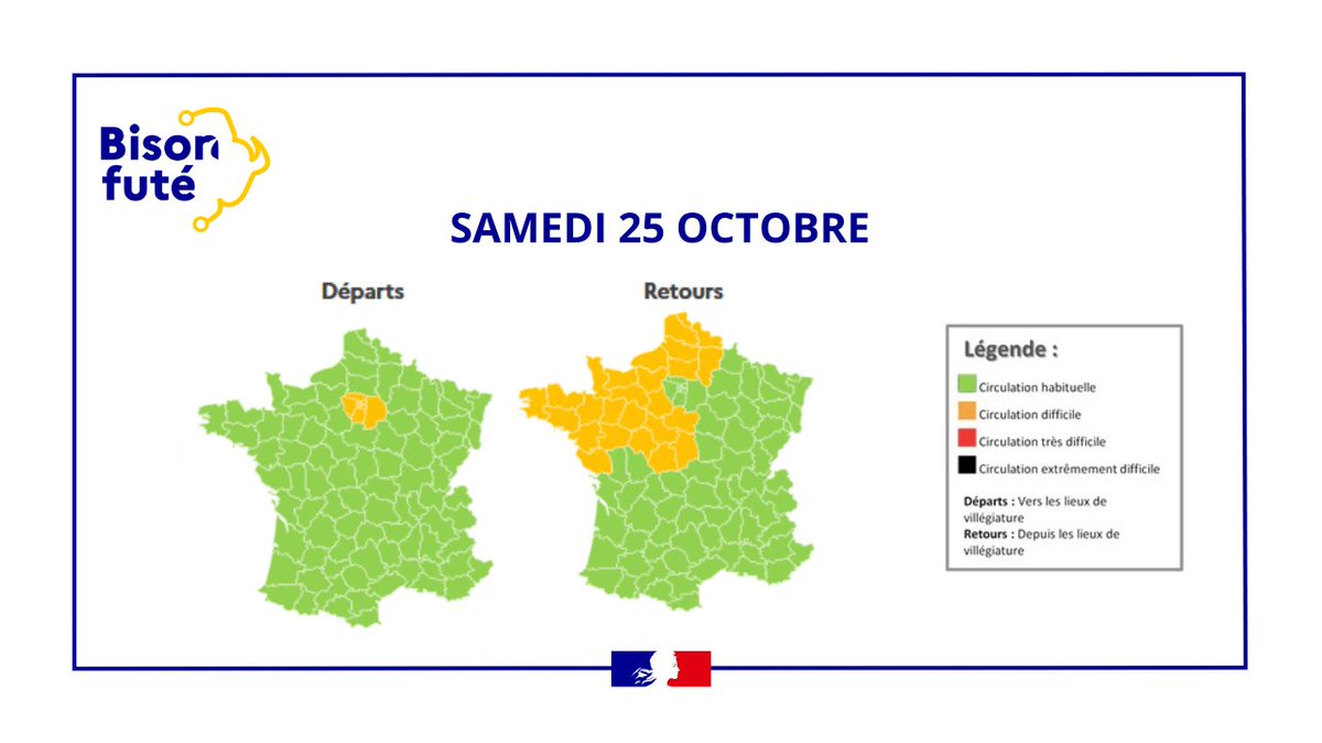 Prefet53's tweet image. 🚗#InfoTrafic #Vacances 
Pour ce 2ème week-end des vacances d’automne, la circulation s'annonce difficile en #Mayenne❗️

🟧 Circulation difficile dans le sens des #départs, surtout sur les axes de liaison avec l’#ÎleDeFrance (A81, A11, RN162)

🟧Circulation difficile dans le sens