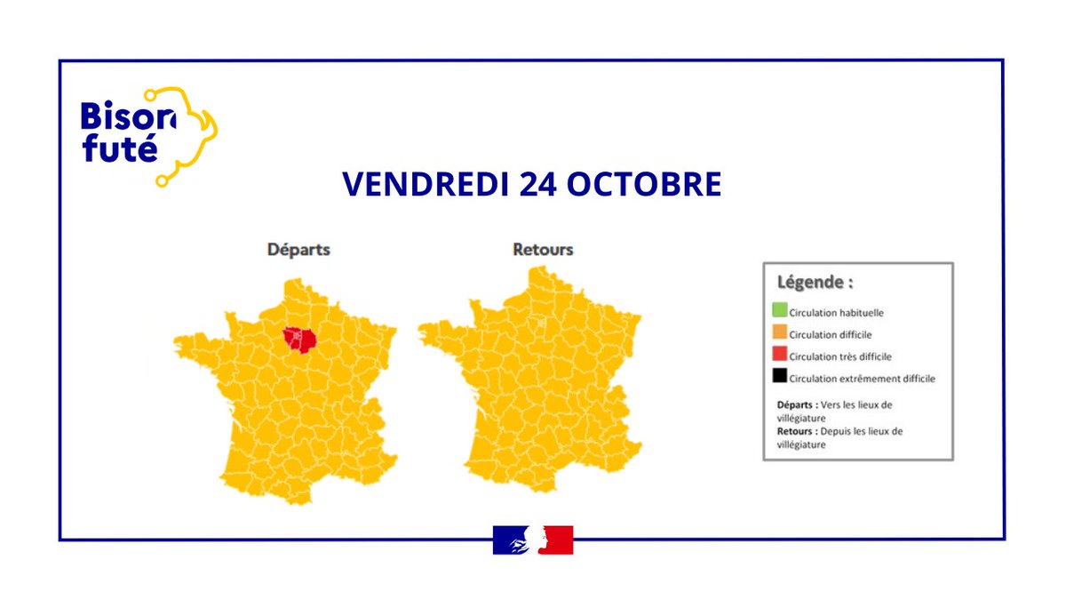 Prefet53's tweet image. 🚗#InfoTrafic #Vacances 
Pour ce 2ème week-end des vacances d’automne, la circulation s'annonce difficile en #Mayenne❗️

🟧 Circulation difficile dans le sens des #départs, surtout sur les axes de liaison avec l’#ÎleDeFrance (A81, A11, RN162)

🟧Circulation difficile dans le sens