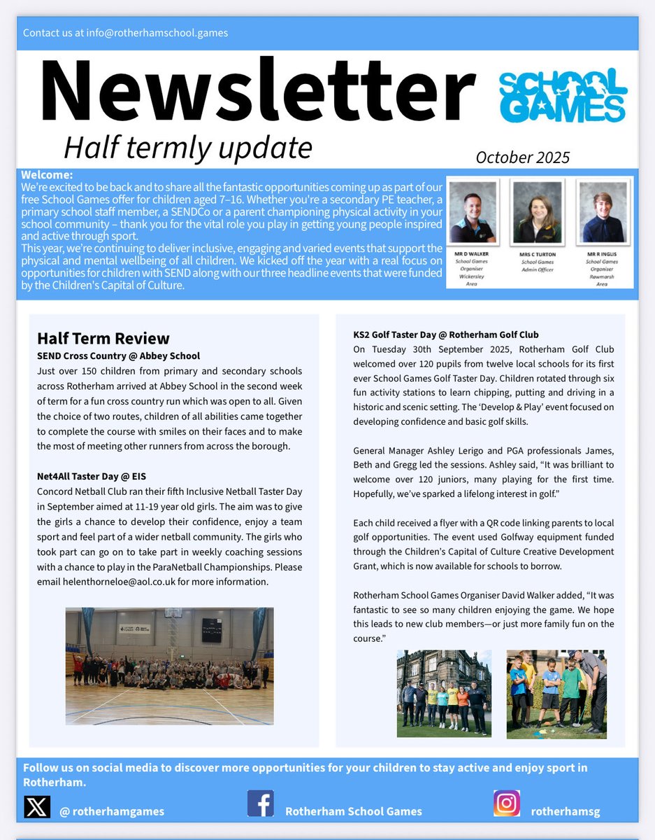 rotherhamgames's tweet photo. 📰Rotherham School Games Newsletter📰

Our first edition of 25/6 is now live 👇🏻

In this issue we cover:
• Events so far 🏃🏽‍♀️🏌🏻‍♂️🏐🎳
• CPD and Active network 👥
• Impact Awards 🏆
• Youth leadership 🙏🏻

Thank you to everyone who’s engaged with us in the busiest Term 1 ever 🙌🏻 https://t.co/NMct96kED3